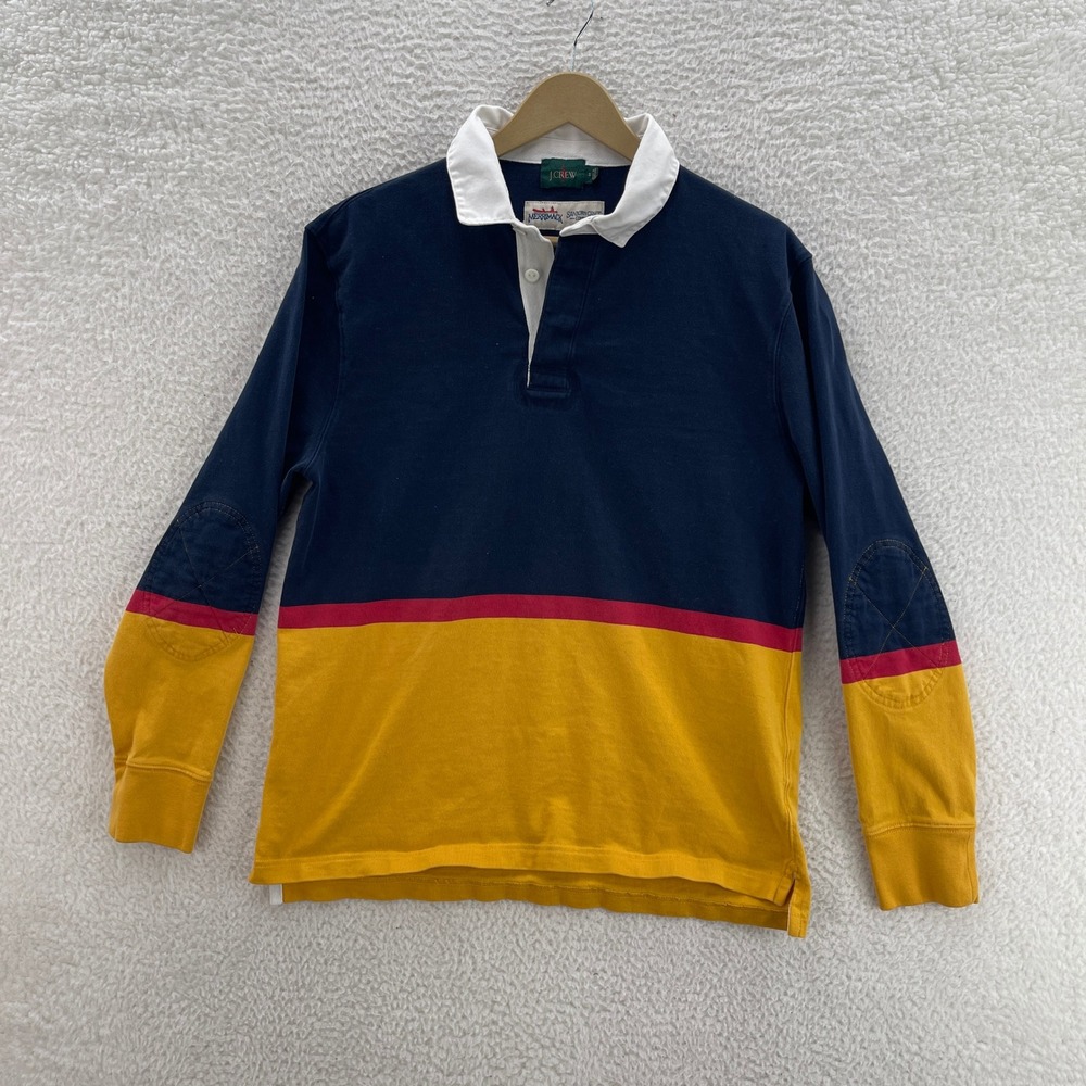 J Crew X Merrimack Rugby Shirt Mens M Yellow Blue Oarsman Elbow Patch Preppy Y2K